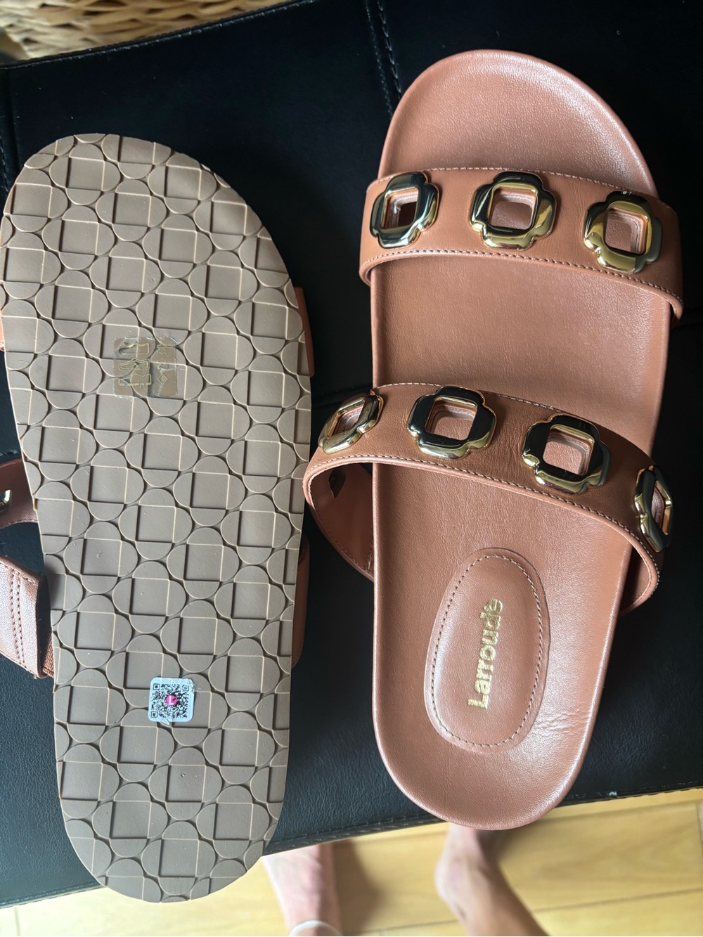 Tan Slide Sandals with Gold Buckle Accents - Women